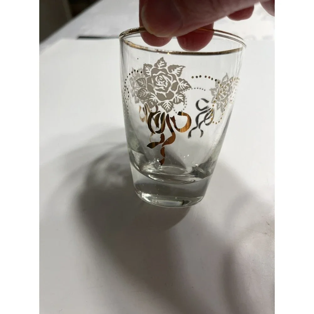 8 Vintage LIBBEY WHITE gold floral Juice GLASSES, 5 oz, flared